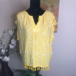 New Directions Yellow Embroidered Top w/ Tassels